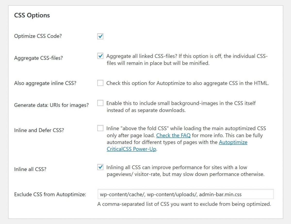 Autoptimize CSS postavke.