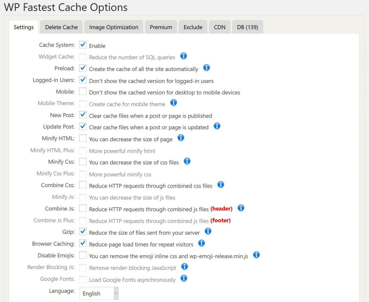 WP Fastest Cache postavke.